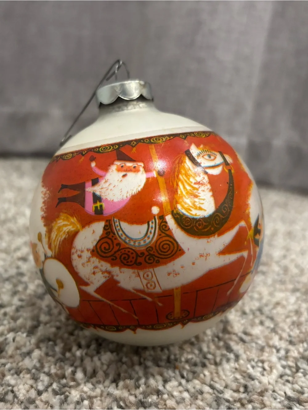 Vintage W. Rutherford Corning Glass Ornament Santa on Merry-Go-Round 3” USA Made